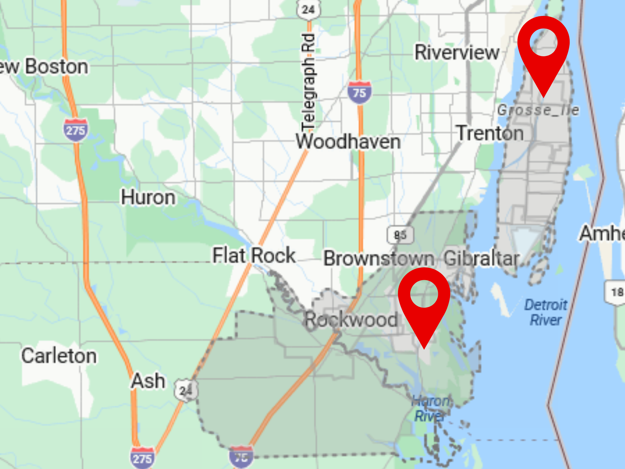 Grosse Ile, Gibraltar & Rockwood, MI delivery area map